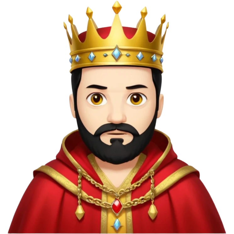 

a yellow king, red eyes, 60 years old, black hair, black beard, wearing a crown, red robe, fierce face emoji
 emoji