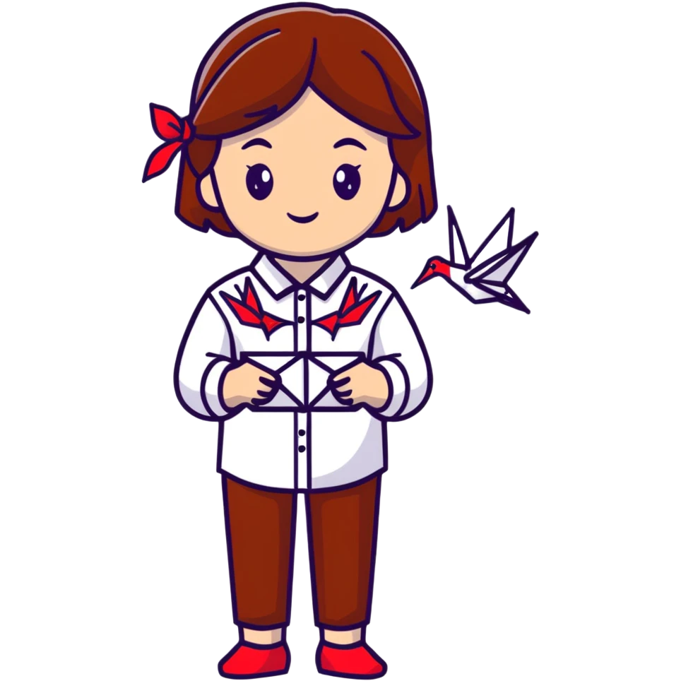 Happy Ukrainian young girl with brown hair in a white embroidered shirt holds an origami red crane emoji