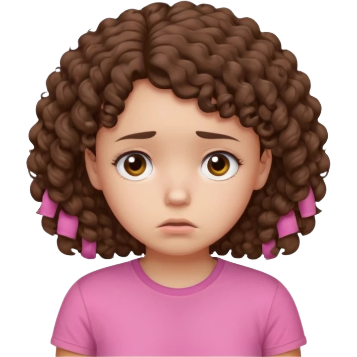 Young girl with curly hair and a pink T-shirt, looking sad and discouraged emoji