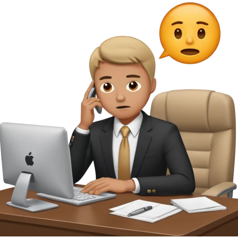 A man in corporate attire sitting at a desk, looking stressed while working on a computer emoji