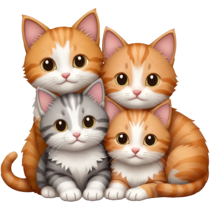 3 tiny kittens cuddling together all different colours, the first one is grey and white, the second is ginger and white and the third is brown tabby and white emoji