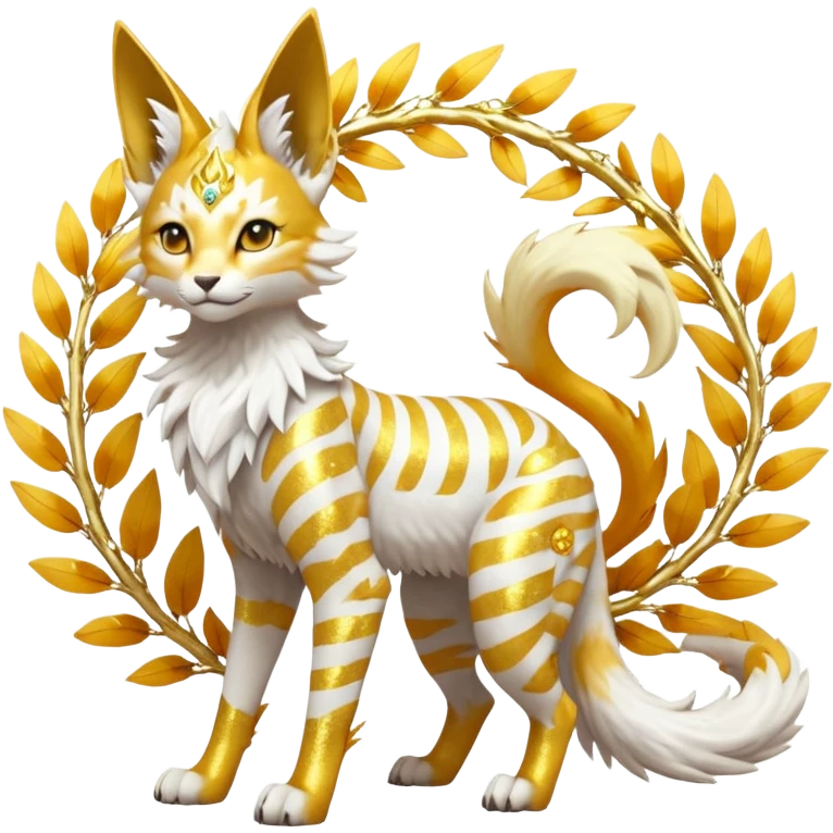 Epic complex fantasy glorious detailed futuristic divine godly angelic feathery sunny, white, albino, pastel, golden, orange glowing sparkly, realistic Fakémon-Sprigatito-Floragato-Meowscarada-Trico-Sergal-Serval-Solgaleo-Vernid-creature (full body) solarpunk, shiny sparkly with gold wreaths emoji