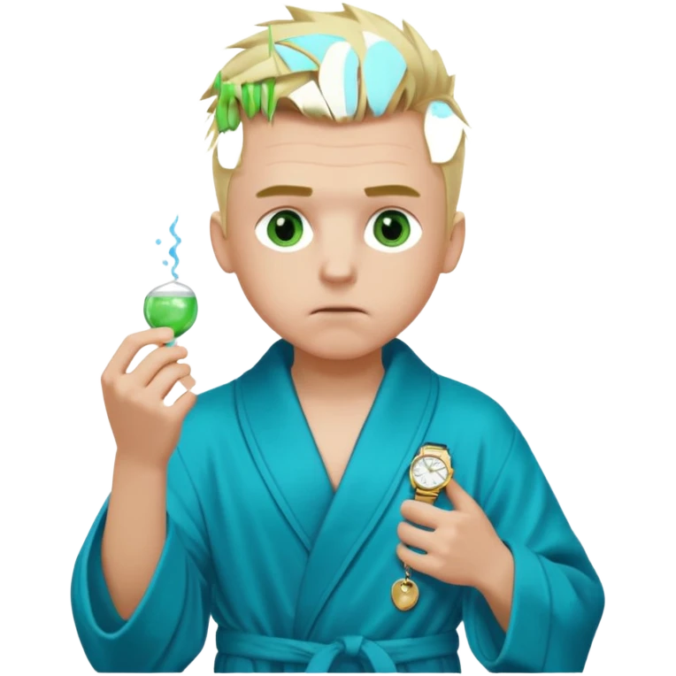 A white man with green eyes, medium-length blond hair in a low mohawk, wearing a blue Cartier watch on his wrist and a luxurious black and white bathrobe, appearing to be about 14 years old, with messy hair and a white pacifier in his mouth. emoji