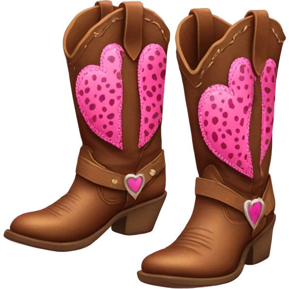 Realistic pair of isolated leather cowgirl boots with pink leopard print hearts on them. emoji