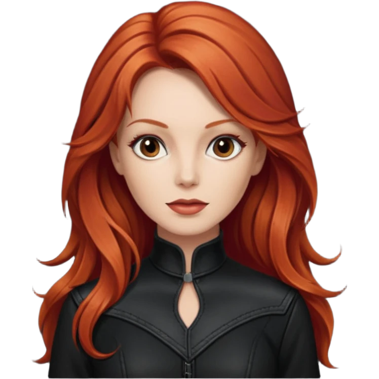 Lee Purcell with long red hair, black outfit emoji