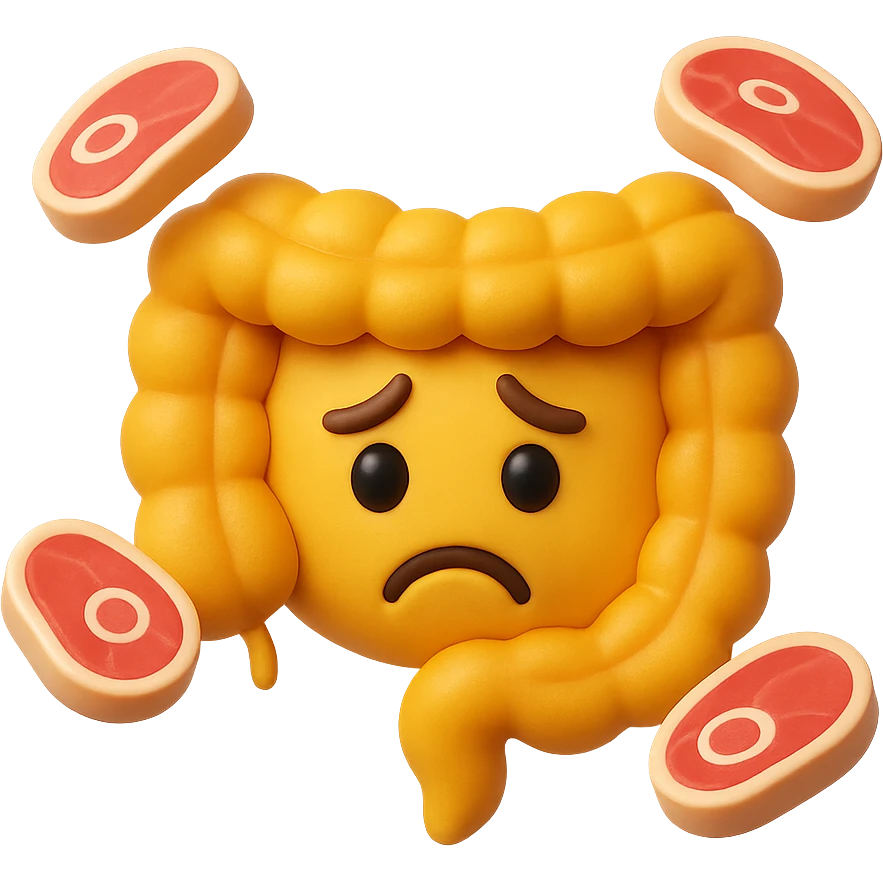 emoji stile iphone in 3d di un intestino triste con fette di carne che gli fluttuano intorno emoji
