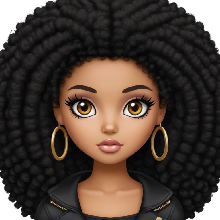 pretty bratz girl, dark black big afro, dark brown eyes, y2k fashion, black eyeliner, deep brown skin emoji