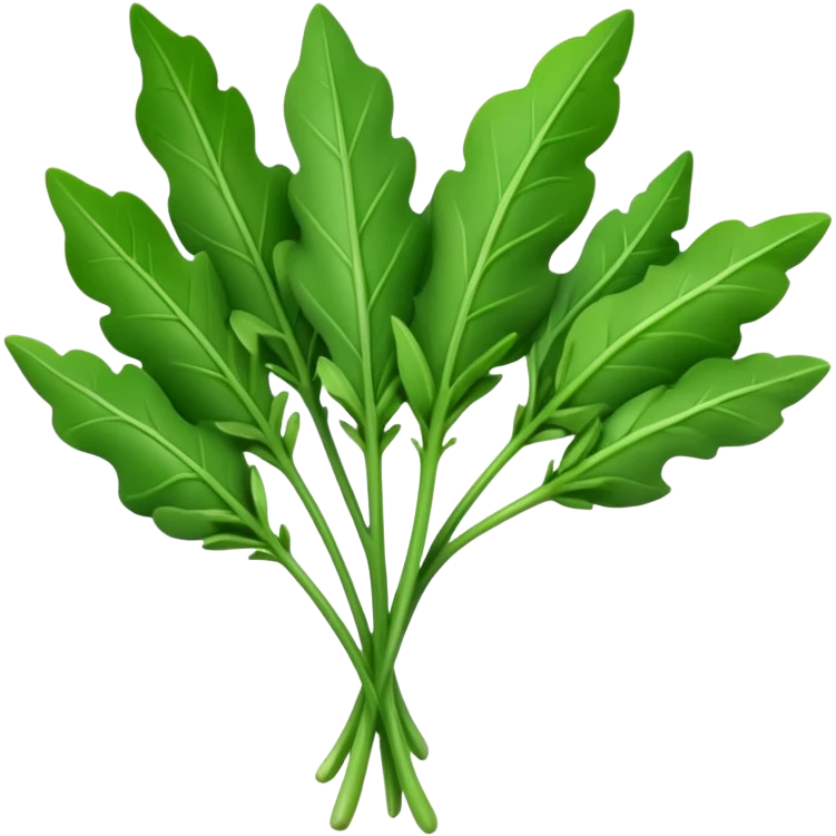 small bunch of fresh arugula leaves, deep green color, distinct jagged elongated shapes, slender stems, slightly curled surface, loosely arranged, no bowl or plate, soft lighting, subtle shadows, emoji scale emoji