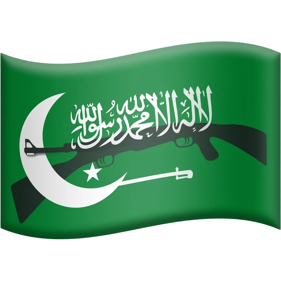 A green flag with rifle gun and moon and star and something written in Arabic emoji