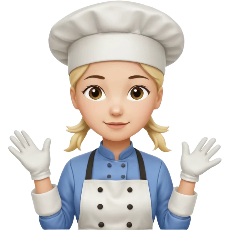 Young female pastry chef - single ponytail, apron, white chef's hat, wearing insulated gloves emoji