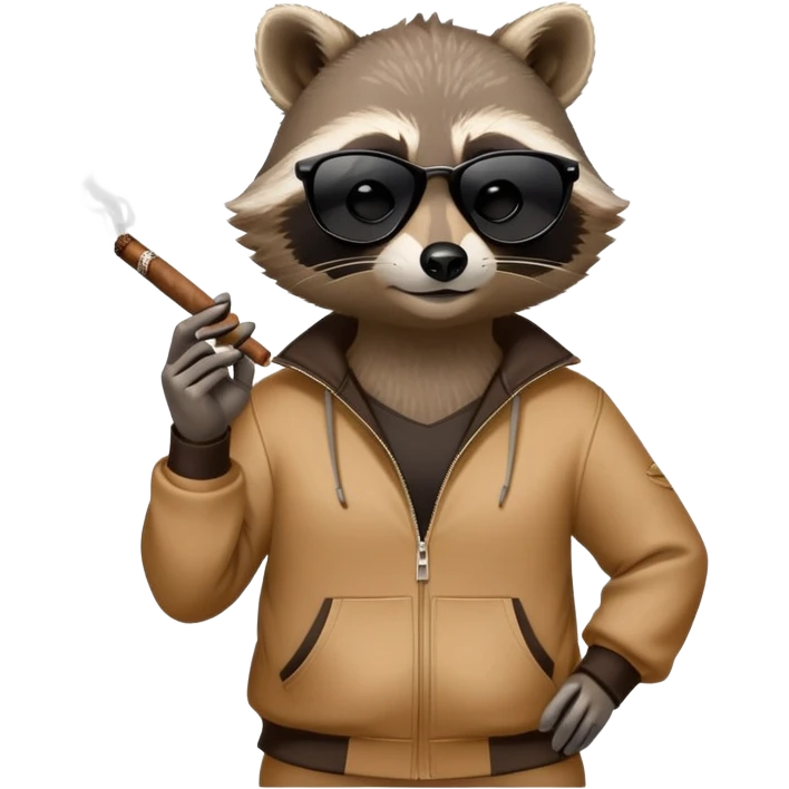 friendly anthropomorphised raccoon in a Sopranos-style mafia tracksuit, wearing dark sunglasses, holding a cigar, confident pose emoji