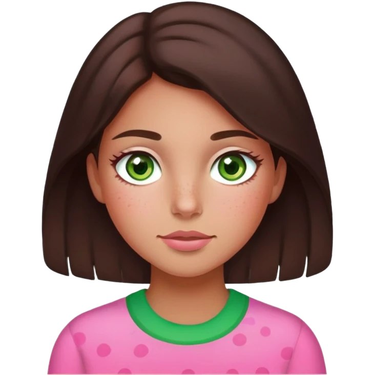 A girl with dark brown hair soft tan skin green eyes pink cheeks and freakles  emoji