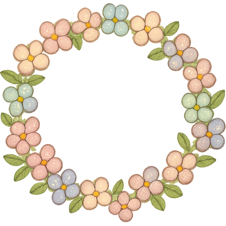 a floral wreath made of small pastel flowers with a few green leaves, Japanese hand-drawn, full object, transparent background emoji
