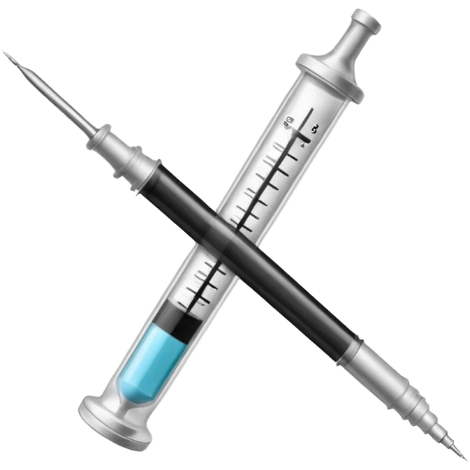 Minimalist emoji-style sticker of a medical syringe with a black tape X across it. Symbol of silence. Desaturated tones.
 emoji
