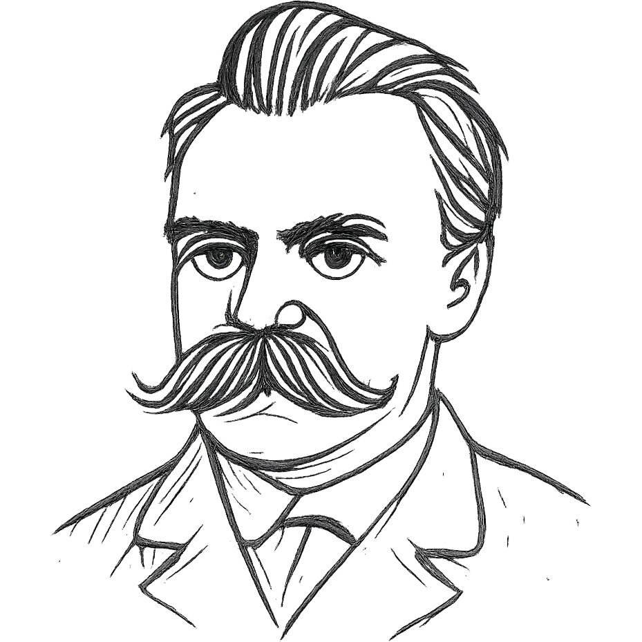 a hand drawn black outline portrait of philosopher Friderich Nietzsche with similar-sized eyes based a famous portrait of him emoji