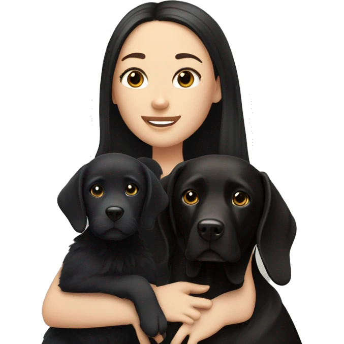 white girl with long straight black hair next to her black Labrador emoji