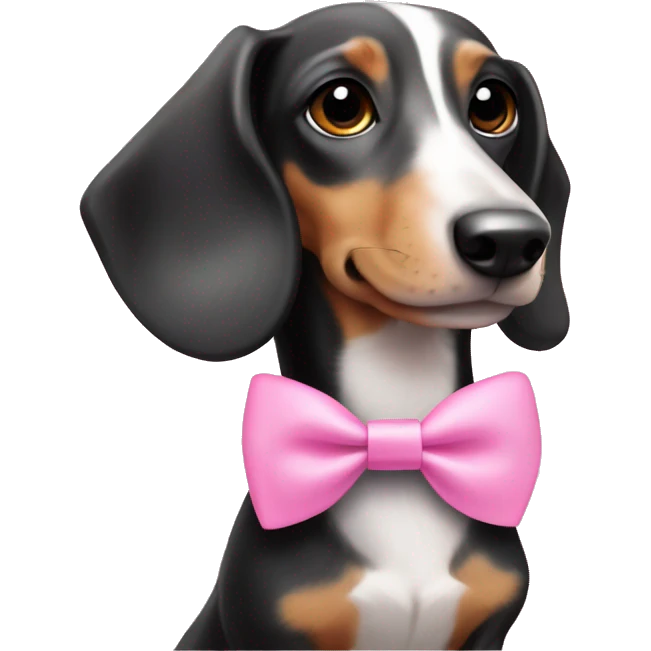 White and black dachshund wearing pink bow emoji