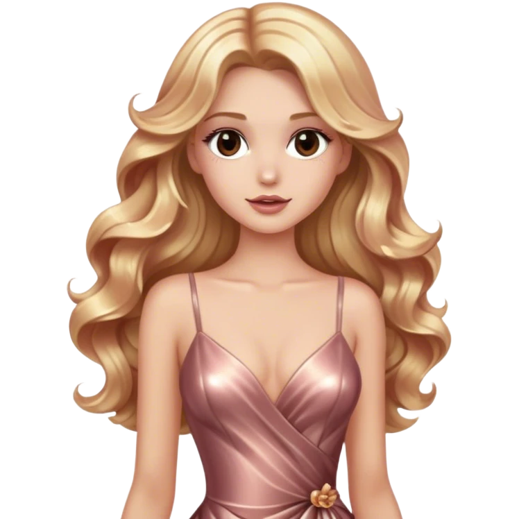 blonde model, brown eyes, long wavy hair, glamorous metallic rose gold gown emoji