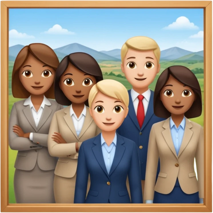 Employees of a startup company with a countryside view outside the window emoji