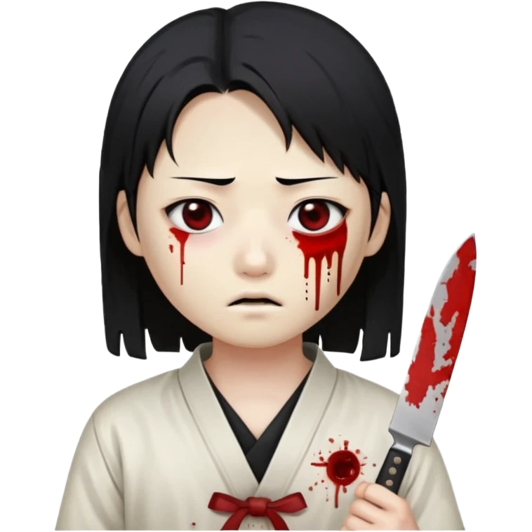 Korean murderer white skin with Asian eyes and holding a small mini kitchen knife with black straight hair with also one eye is blind covered with blood  emoji