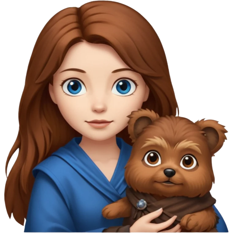 long hair chestnut color blue eyes woman holding small ewok dog emoji