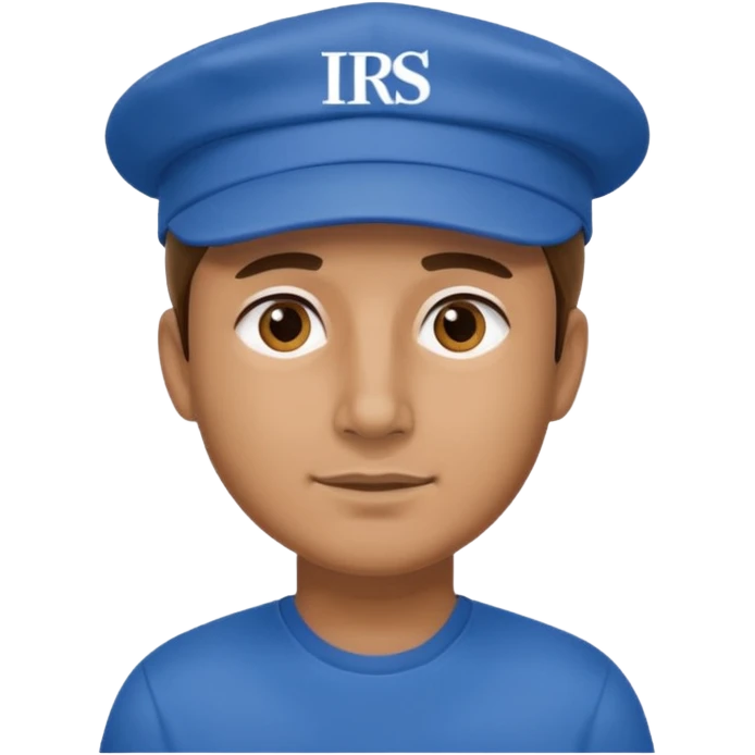a man dressed in blue with a cap on that says IRS emoji