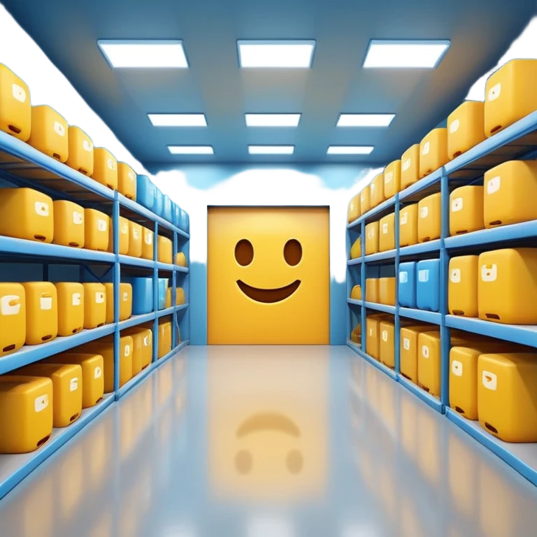 Warehouse interior designed in emoji style, 3D emoji aesthetic, bright colors, soft rounded shapes, simplified details, glossy plastic texture, clean environment, playful lighting, high resolution, sharp focus, vibrant, cartoon-like but rendered in 4K, studio quality. emoji
