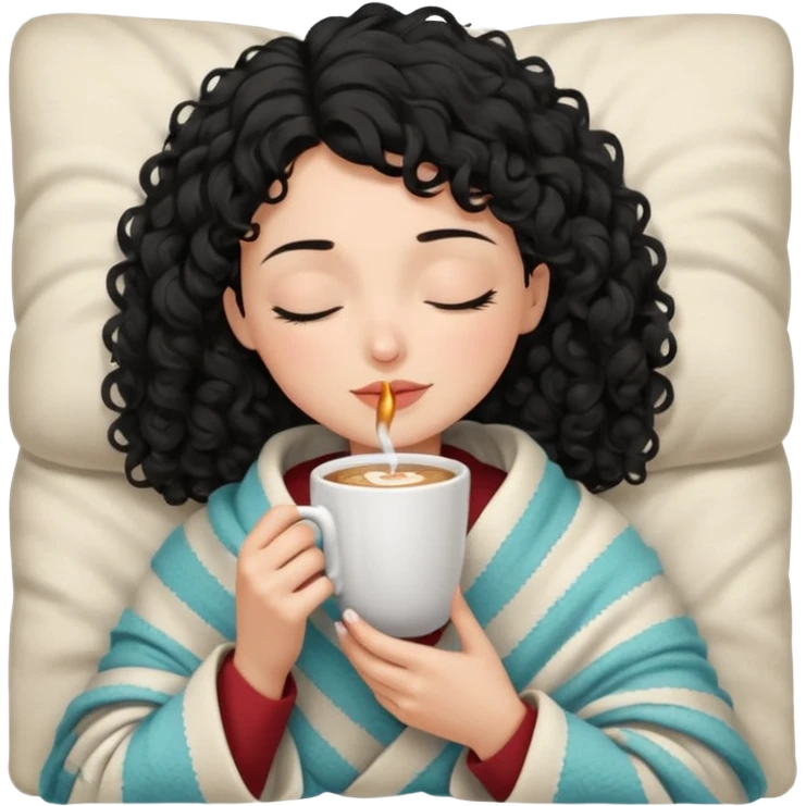 Gözleri kapalı, beyaz tenli ve kıvırcık siyah saçlı saç boyu orta omuzlarında bir kadın avatar, battaniyeye sarılmış halde beyaz bir Türk kahvesi fincanından içeceğini huzurla yudumluyor. emoji