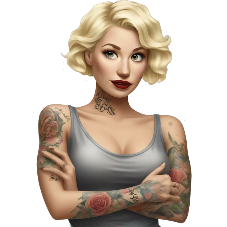 Blonde elegant women, her Body Covered with Tattoos, POINTING YOU with her ONE HAND , Hyper realistic emoji