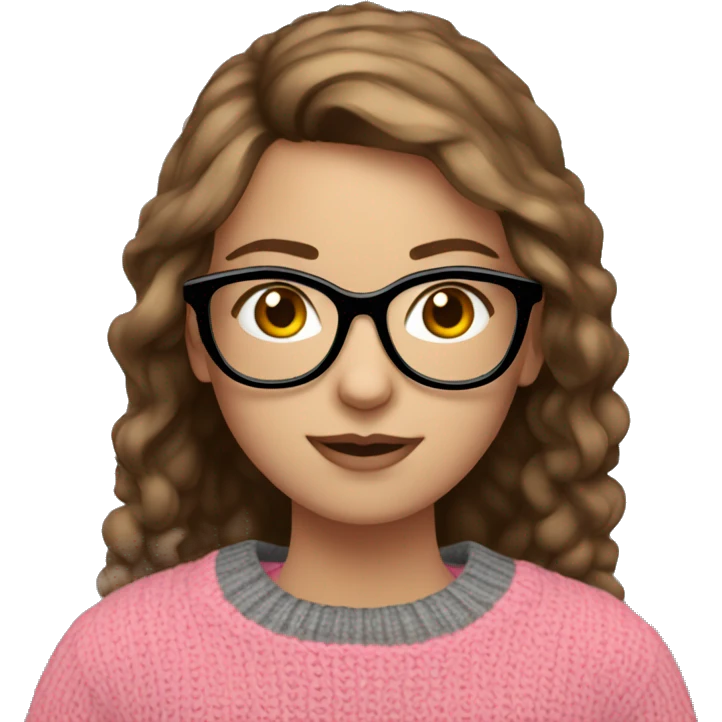 Russian Girl with brown hair and black glasses frame and pink sweater is working behind laptop emoji