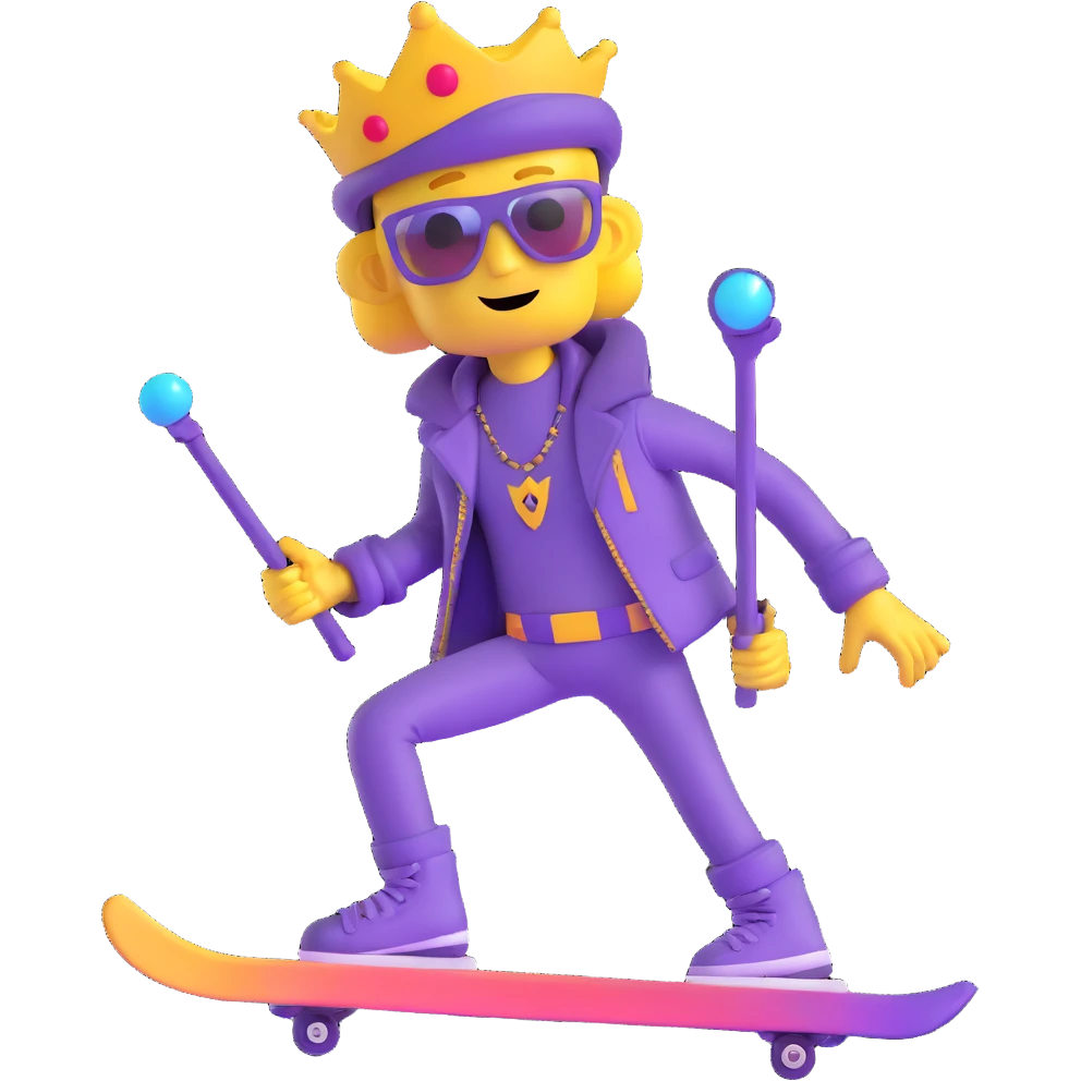 yellow guy showing off his fabulous outfit combining prince, alien, terminator, skater, skiier, and wizard elements, making a weird face, stylish and fabulous emoji