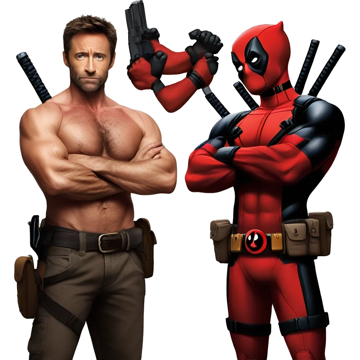 Hugh Jackman Wolverine Shirtless and Ryan Reynolds Deadpool Holding arms. emoji