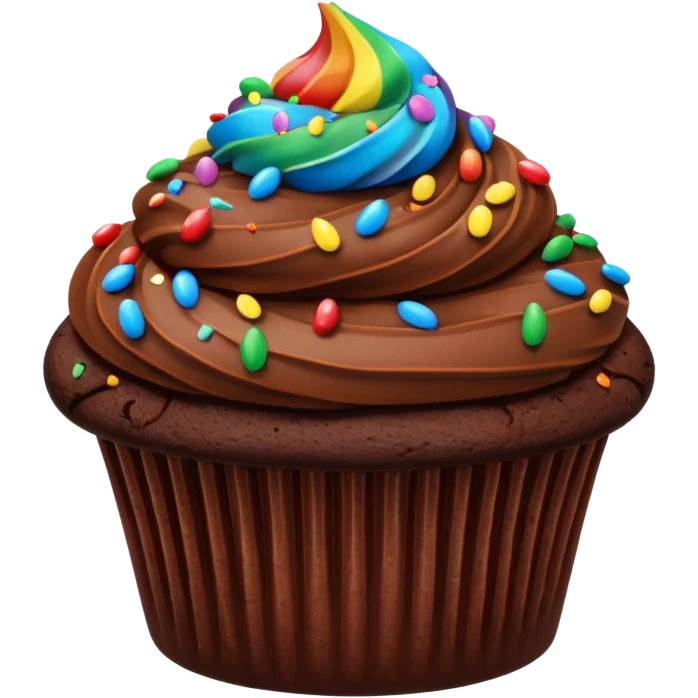 chocolate cupcake with chocolate frosting and rainbow sprinkles emoji