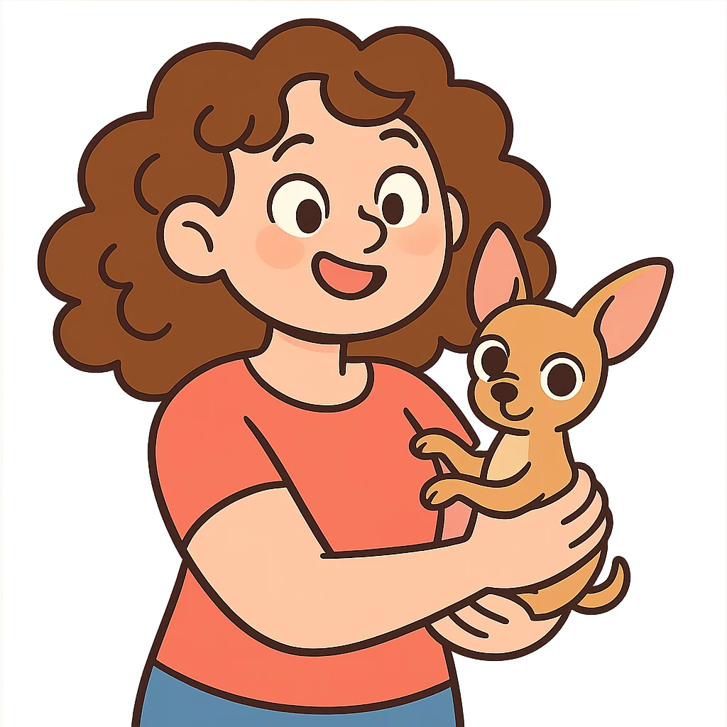 white girl with curly brown hair holding a chihuahua puppy emoji
