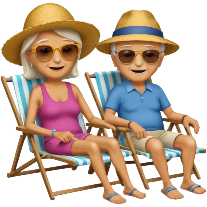 an emoji that shows elderly one woman and one man, both are retired and are lying in sun-chairs at the beach to recover from retiring-stress emoji