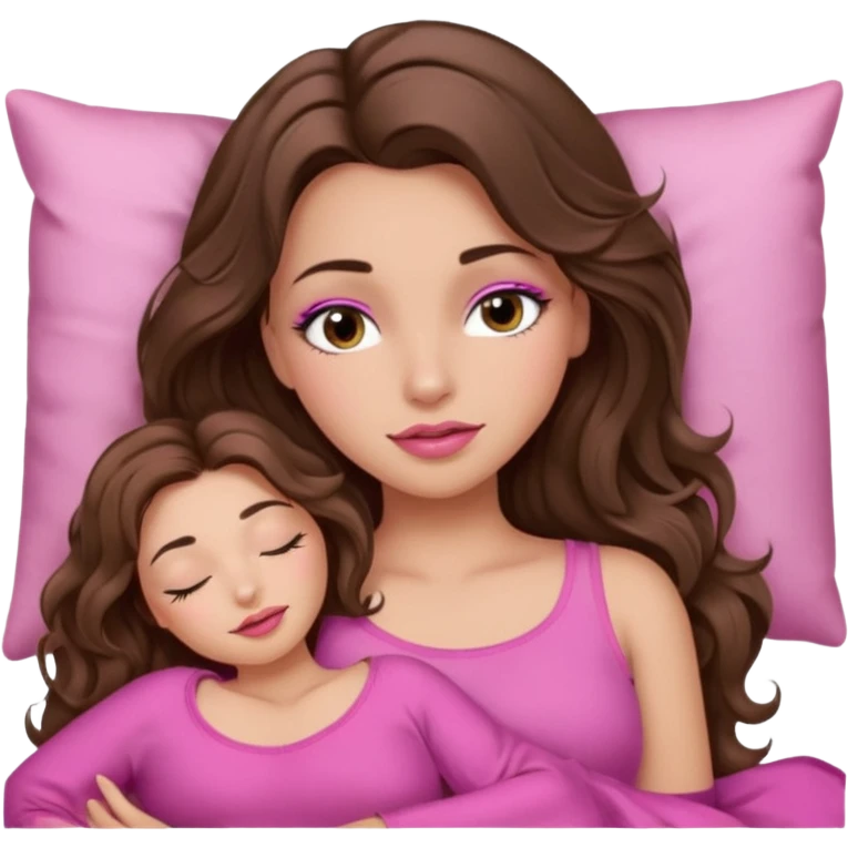 girl with long wavy brown hair, brown eyes, long lashes makeup, sexy pink lips, light to medium complexion, wearing a pink sexy top, sleeping emoji