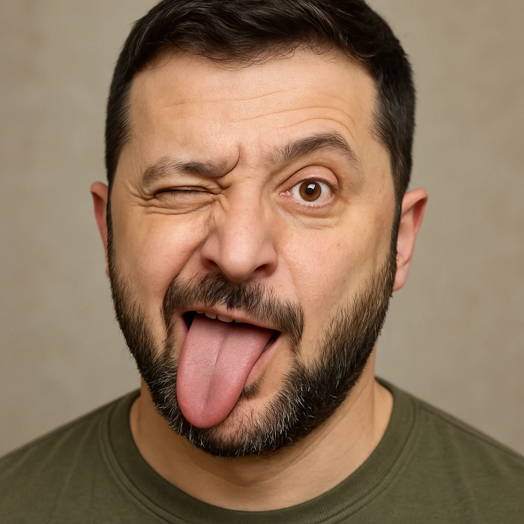 Vladimir Zelensky, photorealistic, emoji style, making a playful silly face emoji