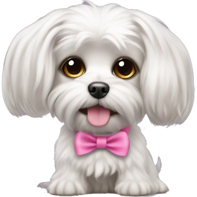 small dog maltese lapdog with long ears and tail with pink elastic band  emoji