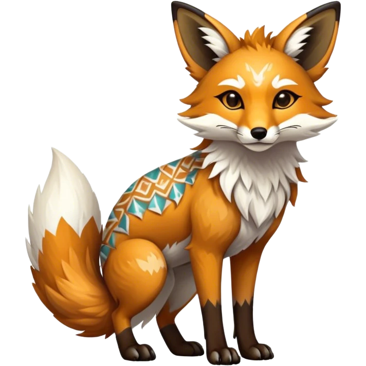 Epic Feral Rare Fantasy shiny cool fluffy Vernid-Trico-Fox-species-hybrid-animal by LiLaiRa, tribal-Art-patterns , tufted ears, full body emoji