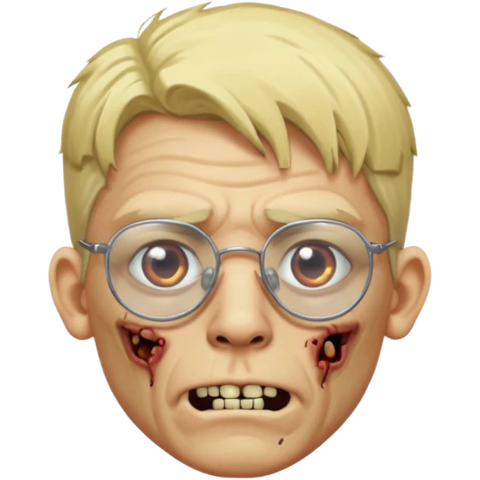 faça um homem zumbi loiro, usando óculos sem aro e com 1 brinco em cada orelha, estilo ponto de luz emoji