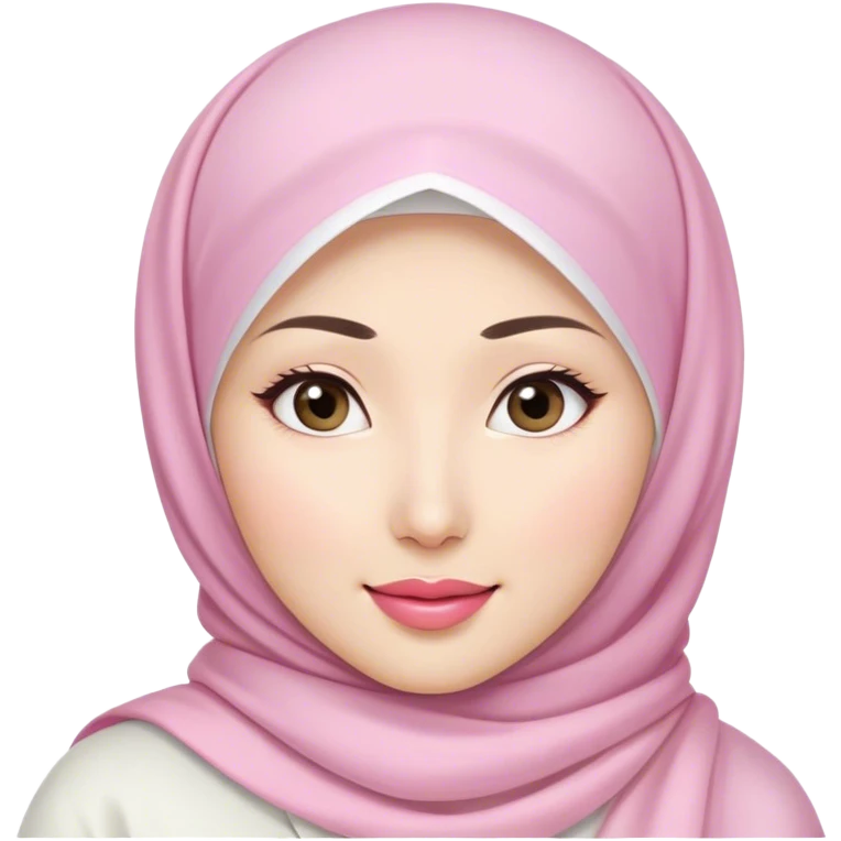 an Asian white woman with white hijab, her lips are pink, her eyes are shining, her face looks happy emoji