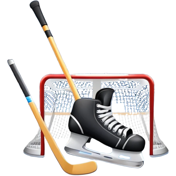 An icon showing a close-up of a hockey stick, puck, skates, and hockey net placed on the ice. The background features a packed stadium with bright lights, cheering fans, and snowy scenery outside. Transparent background highlights the key elements of the game. emoji