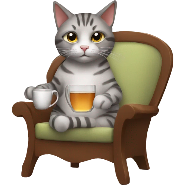 cat drinking tea looking at camera sitting in a chair emoji
