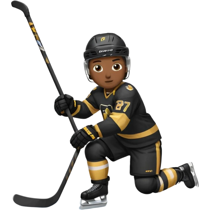 Back Shot Of Hockey Player Celebrating, sliding on one knee, with Left hand raised holding his stick by the middle of the shaft. Right Hand Touching the ice.
Black and Gold Jersey emoji