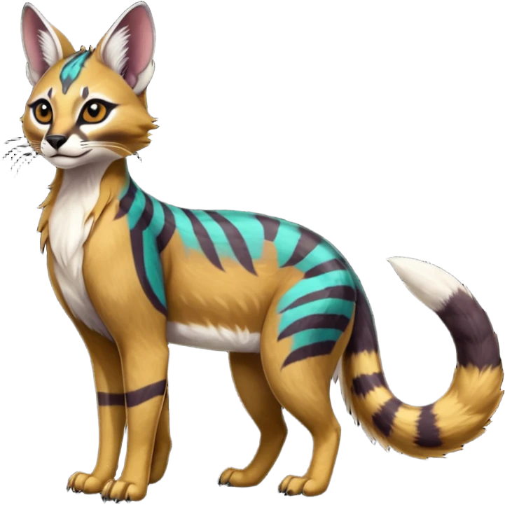 Colorful dark tropical tribal glorious divine exotic cute cool beautiful beautiful fantasy-caracal-civet-genet-sergal-vernid-Gryphon-Cacomistle-Trico-oncilla-animal-Fakémon-hybrid-fursona (full body) emoji