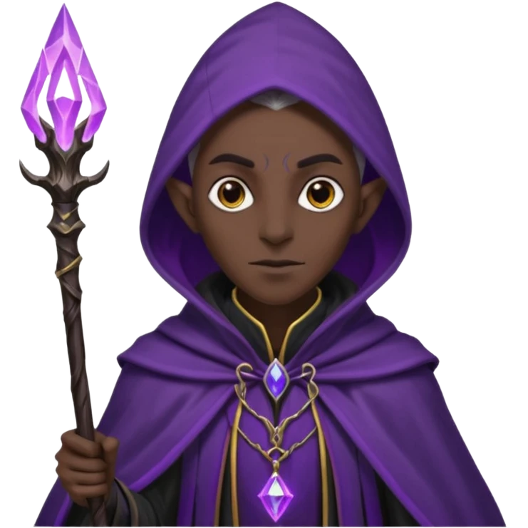 {
      "type": "human",
      "look": "dark elf wizard, black cloak, purple energy around staff",
      "description": "a dark elf wizard in a black cloak channeling purple energy around their staff"
    } emoji