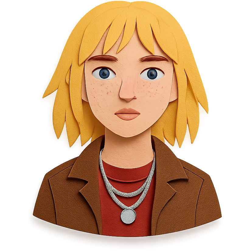 14-year-old girl with choppy blonde layers, armpit length, shortest at mouth, middle part, light freckles, blue eyes, defined cupid's brow, tight dark red top, brown leather jacket, necklaces emoji