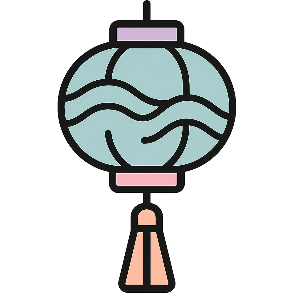 Chinese lantern with wave pattern and tassel, thin clean outlines, soft rounded shapes, pastel palette #98B5BC, #B5B3C1, #C9A3C9, #E4C0CA, #F7DCD1, #F7C0AA, modern Japanese pop art and sticker aesthetic, detailed shadows and highlights, soft lighting, transparent background emoji