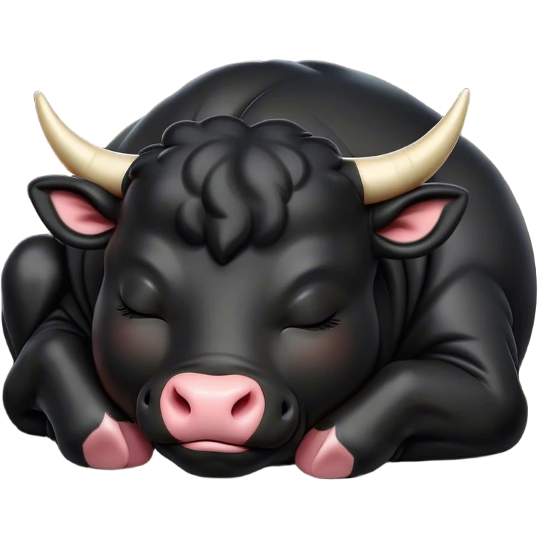 Meme-Worthy Cute Sleeping Black Bull Portrait Emoji, Head resting peacefully with a contented smile, showcasing a robust, massive build and a luxuriously soft pure black hide, eyes shut in a serene, restful nap, Simplified yet hilariously adorable features, highly detailed, glowing with a soft, drowsy light, high shine, relaxed and utterly lovable, stylized with an air of playful laziness, bright and heartwarming, soft glowing outline, capturing the essence of a comically sleepy guardian, so meme-worthy it feels like it could instantly become the next viral sensation of adorable slumber! emoji