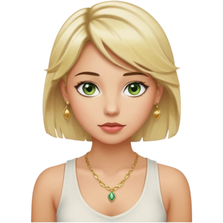 Girl with green eyes, blonde slightly wavy hair, sideswept bangs, darker roots, white but a bit tan, wearing white tank top, golden necklace and gold earrings, rosy cheeks and blushed lips emoji
